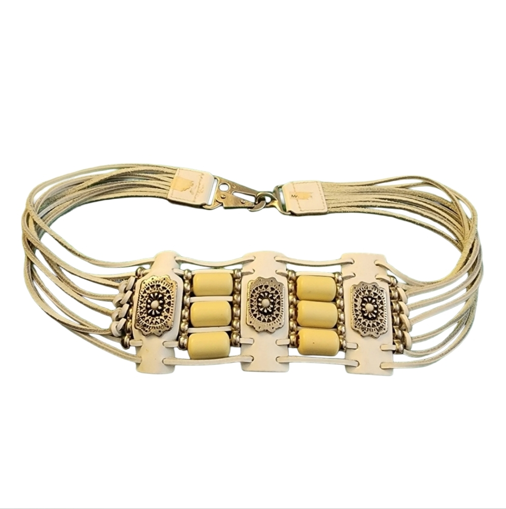Vintage white leather wide belt bead embellished